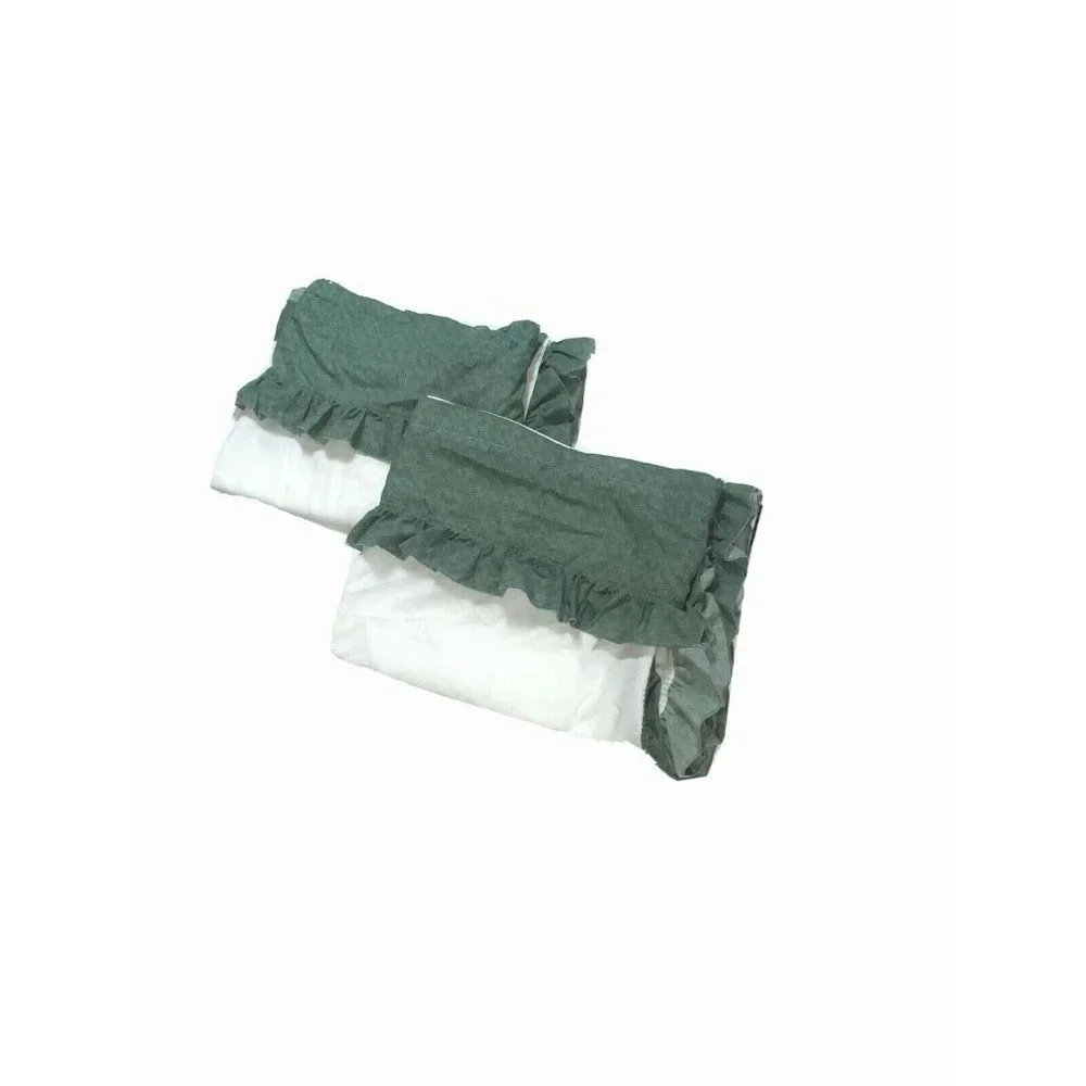2 Vintage 60s 70s Complete Window Treatments Green White Curtains Handmade Rare
